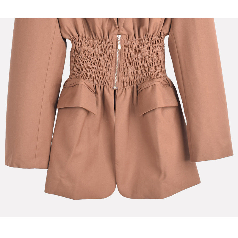 Pleated Zipper Elegant Blazers For Women Long Sleeve Notched Collar Vintage Slim Jackets Coat