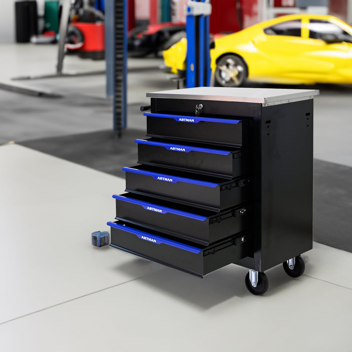 5 DRAWERS MULTIFUNCTIONAL TOOL CART WITH WHEELS-BLACK+BLUE