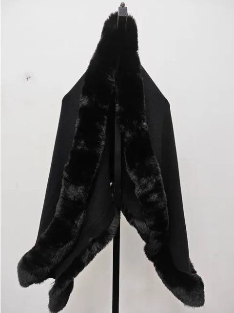 Temperament Fur Patchwork Scarf Collar Shawl Poncho Coat For Women Elegant Loose Cloak Woolen Coats