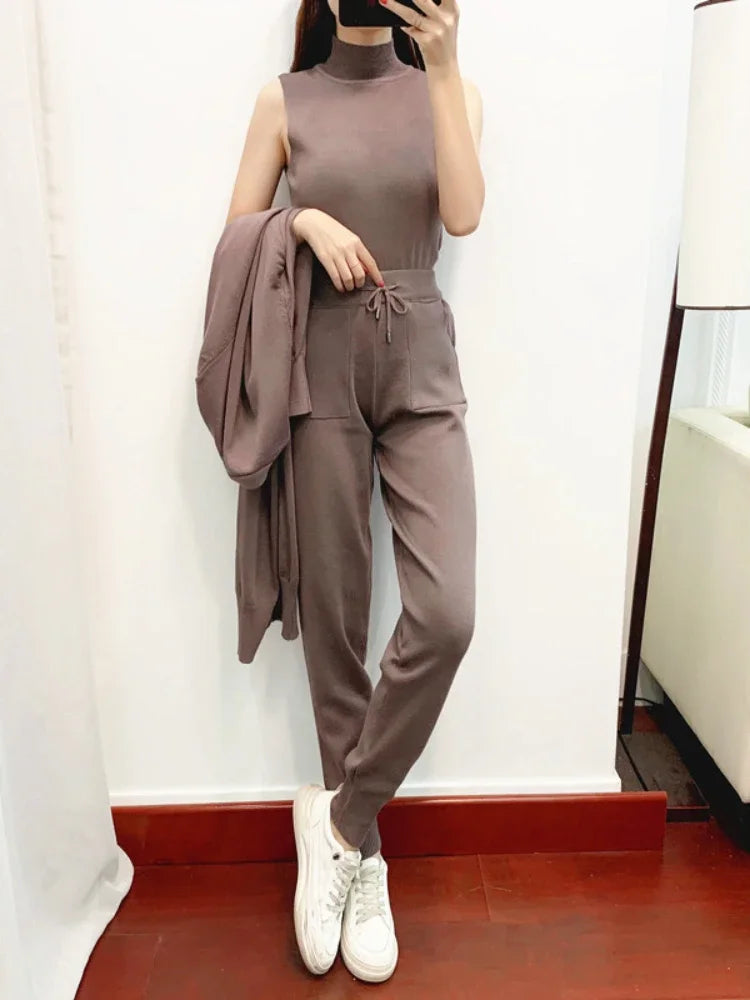 3 Piece Sets Womens Outifits Autumn Casual Solid Knit Suit Cardigan Vest Pants Sets Matching Sets Korean Fashion Womens Clothing