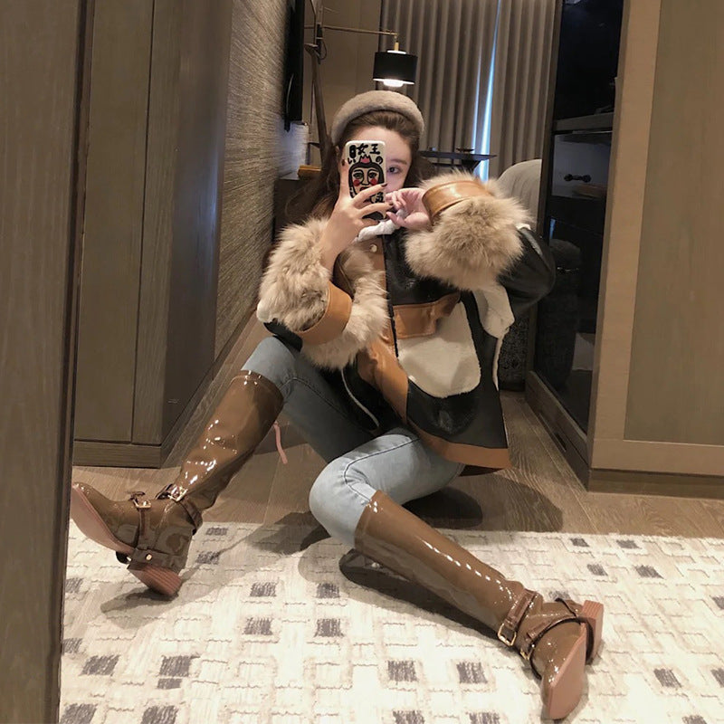 Women Leather Coat Color Matching Splicing Winter Leather Jacket Women Black Vintage Faux Leather Jackets
