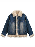 Fashion Women Denim Coat Lapel Fur Intergrated Single Breasted Pockets Thickening Parkas Jackets Winter