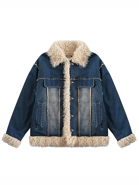 Fashion Women Denim Coat Lapel Fur Intergrated Single Breasted Pockets Thickening Parkas Jackets Winter