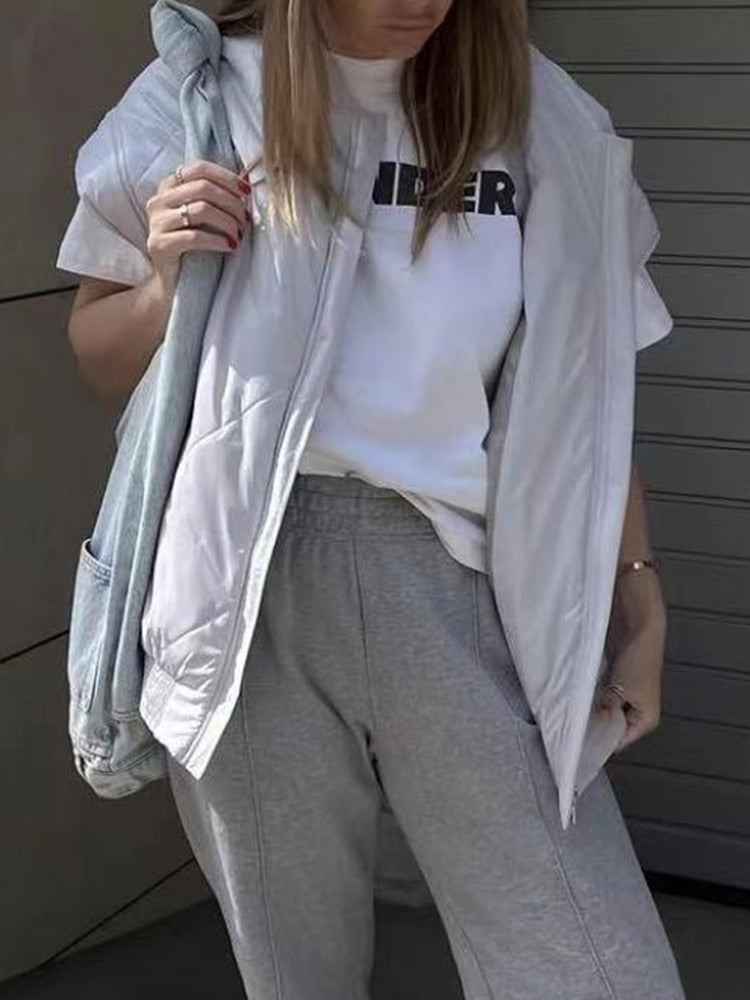 Fashion Cotton Vest Jacket For Women Round Neck Sleeveless Solid Minimalist Casual Jackets Female Clothing Winter