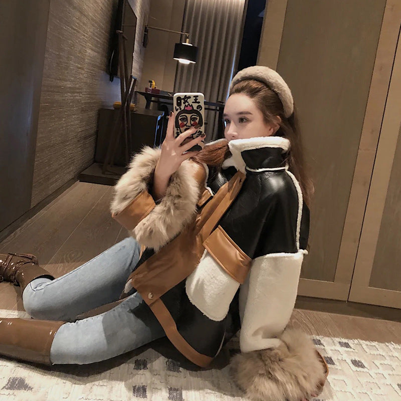 Women Leather Coat Color Matching Splicing Winter Leather Jacket Women Black Vintage Faux Leather Jackets