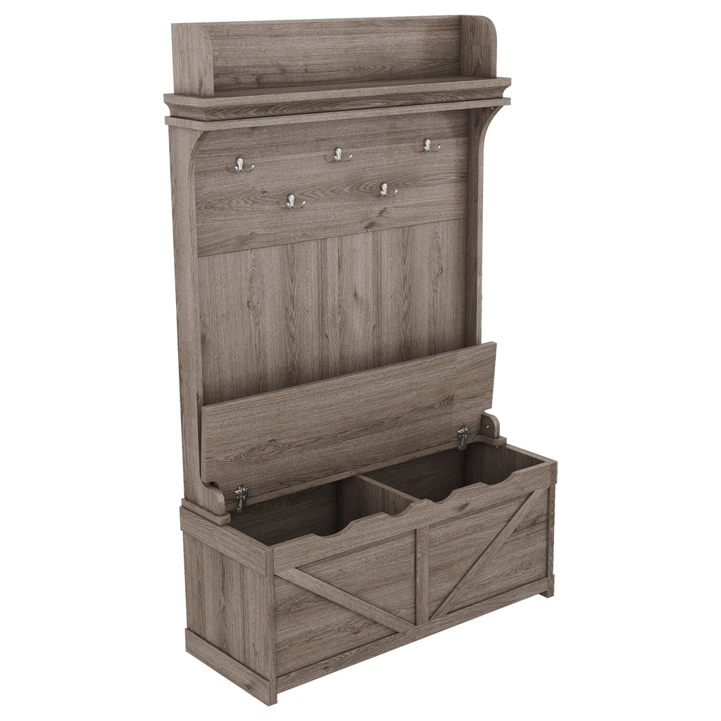 Hall tree with storage desk, entrance desk with drawers and 5 hooks, display rack,Oak