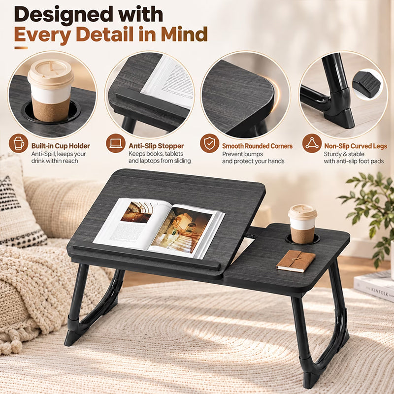Adjustable Folding Bed Tray Table – 5 Heights, Cup Holder, MDF Laptop Desk for Sofa & Bed, Multi-Purpose