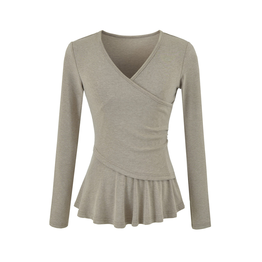 Long Sleeve Cross V-Neck T-Shirt and Elastic Waist Drape Wide Leg Pants Two Piece Set