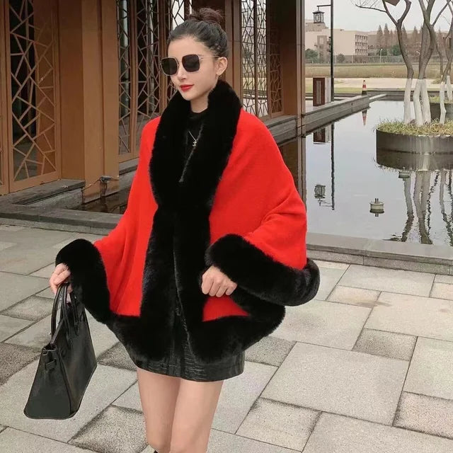 Temperament Fur Patchwork Scarf Collar Shawl Poncho Coat For Women Elegant Loose Cloak Woolen Coats