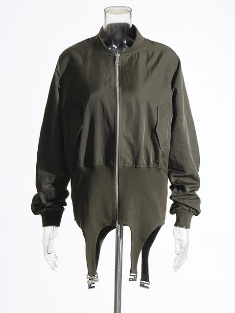 Solid Casual Spliced Zipper Loose Jackets For Women Stand Collar Long Sleeve Designer Streetwear Jacket Female