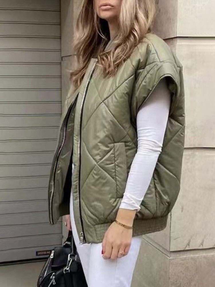 Fashion Cotton Vest Jacket For Women Round Neck Sleeveless Solid Minimalist Casual Jackets Female Clothing Winter