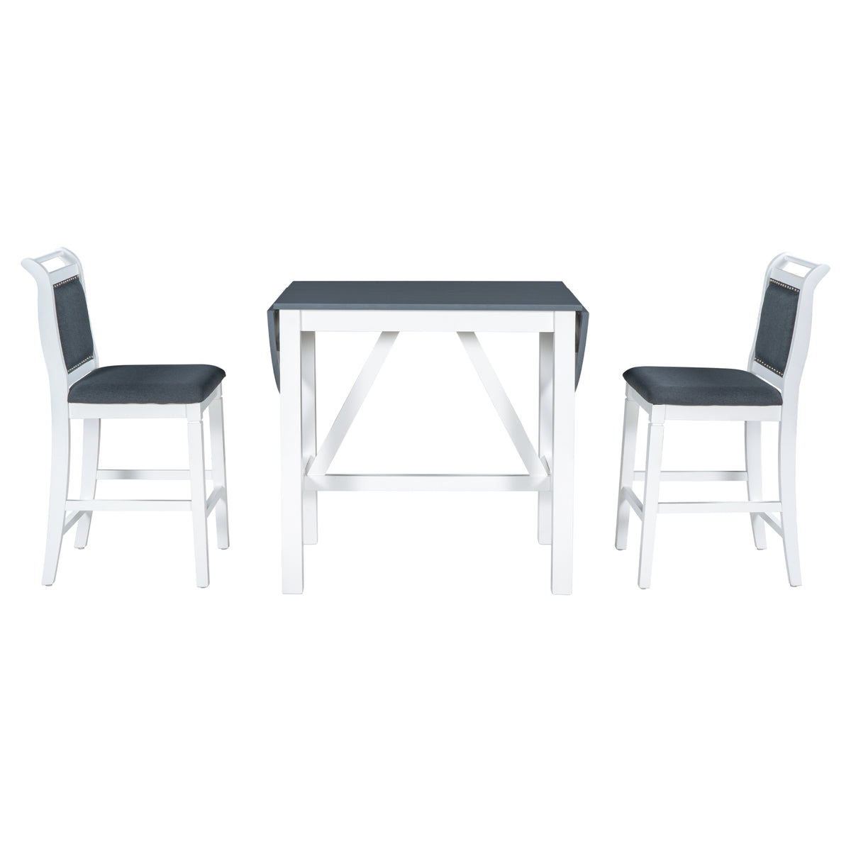 TOPMAX 3-Piece Wood Counter Height Drop Leaf Dining Table Set with 2 Upholstered Dining Chairs for Small Place White+Gray