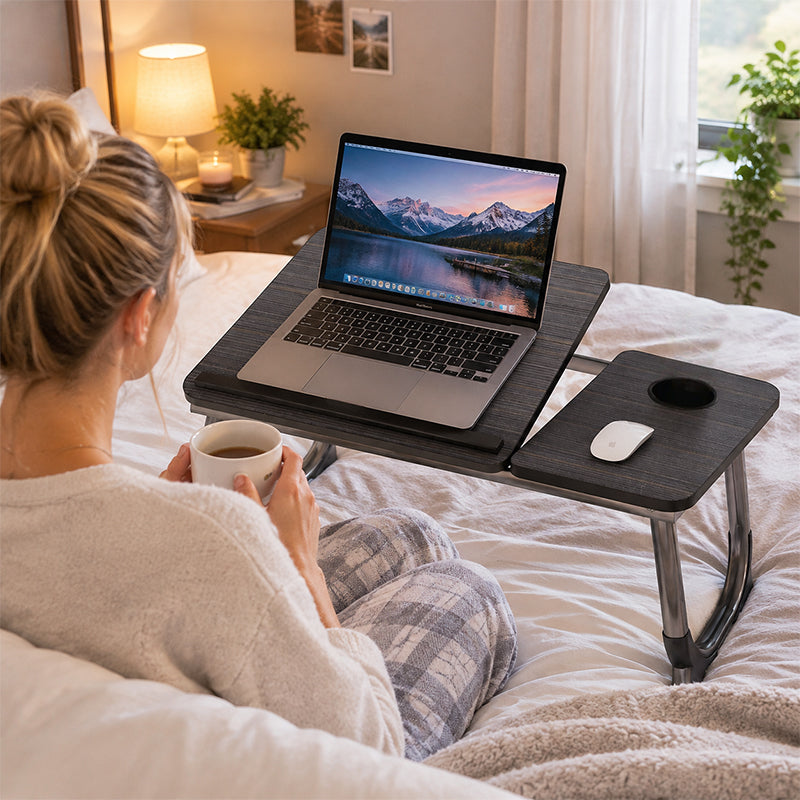 Adjustable Folding Bed Tray Table – 5 Heights, Cup Holder, MDF Laptop Desk for Sofa & Bed, Multi-Purpose