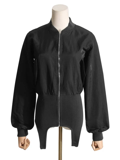 Solid Casual Spliced Zipper Loose Jackets For Women Stand Collar Long Sleeve Designer Streetwear Jacket Female