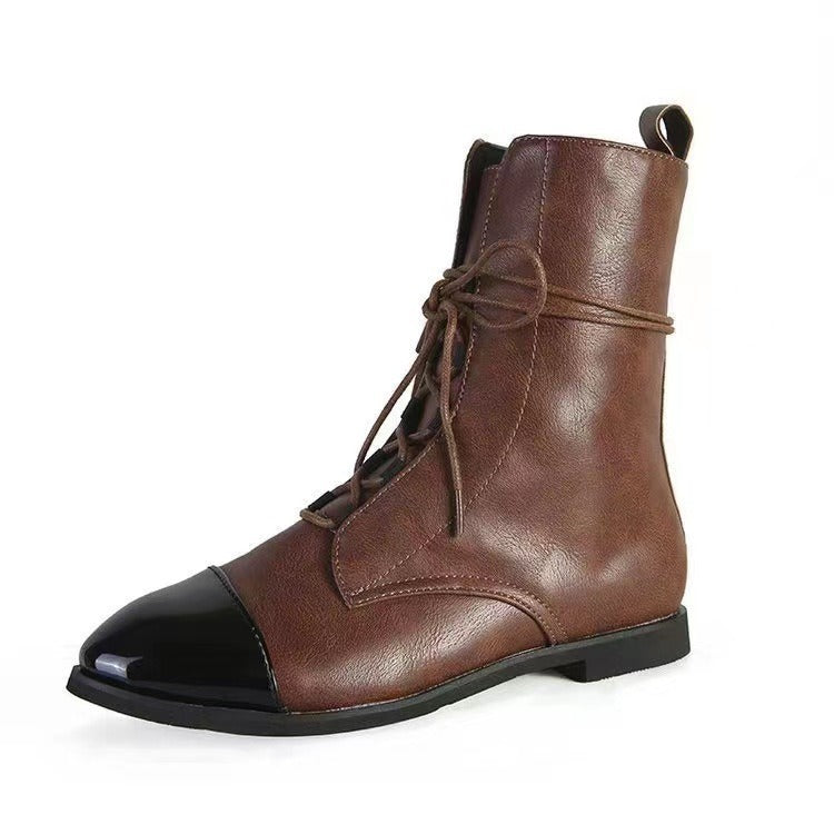 New Women Boots Patent Leather British Style Flat Ladies Boots Black Pointed Toe Lace-Up Boots Handsome Boots