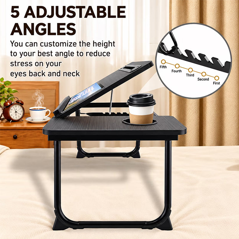 Adjustable Folding Bed Tray Table – 5 Heights, Cup Holder, MDF Laptop Desk for Sofa & Bed, Multi-Purpose