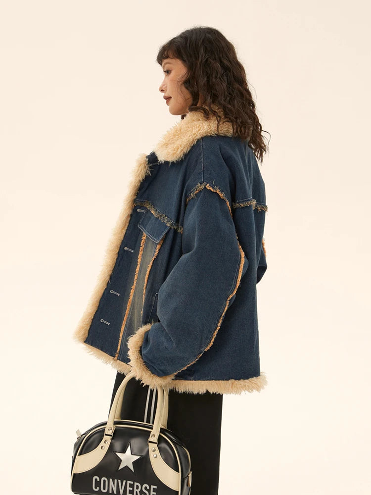 Fashion Women Denim Coat Lapel Fur Intergrated Single Breasted Pockets Thickening Parkas Jackets Winter