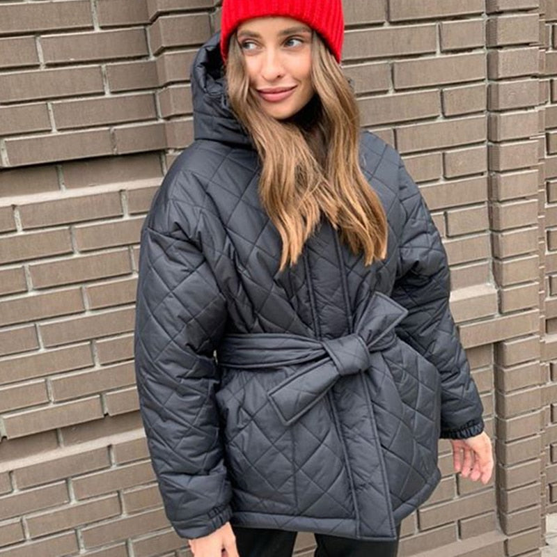 Casual Loose Arygle Hooded Parkas Women Fashion Solid Thick Short Coats Women Elegant Tie Belt Cotton Jackets Female Ladies