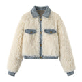 Women Coat Patchwork Denim Collar White Plush Thicken Warm Long Sleeve Gold Buttons Jackets