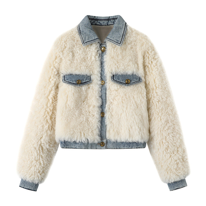 Women Coat Patchwork Denim Collar White Plush Thicken Warm Long Sleeve Gold Buttons Jackets