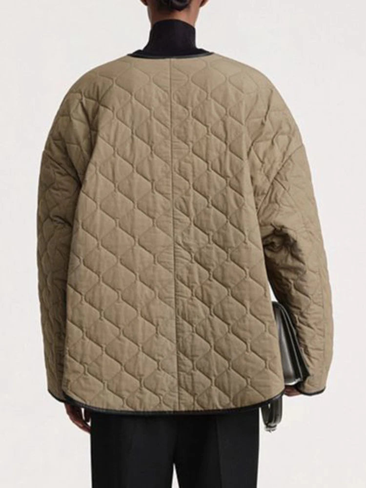 Fashion Women Cotton-padded Coat Collarless Diamond Plaid Single Breasted Green Warm Parka Jackets Winter New