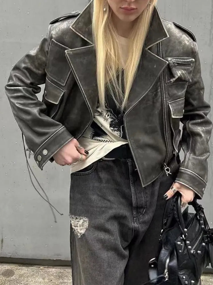Streetwear PU Leather Patchwork Pockets Jackets For Women Lapel Long Sleeve Spliced Zipper Jacket Female Fashion