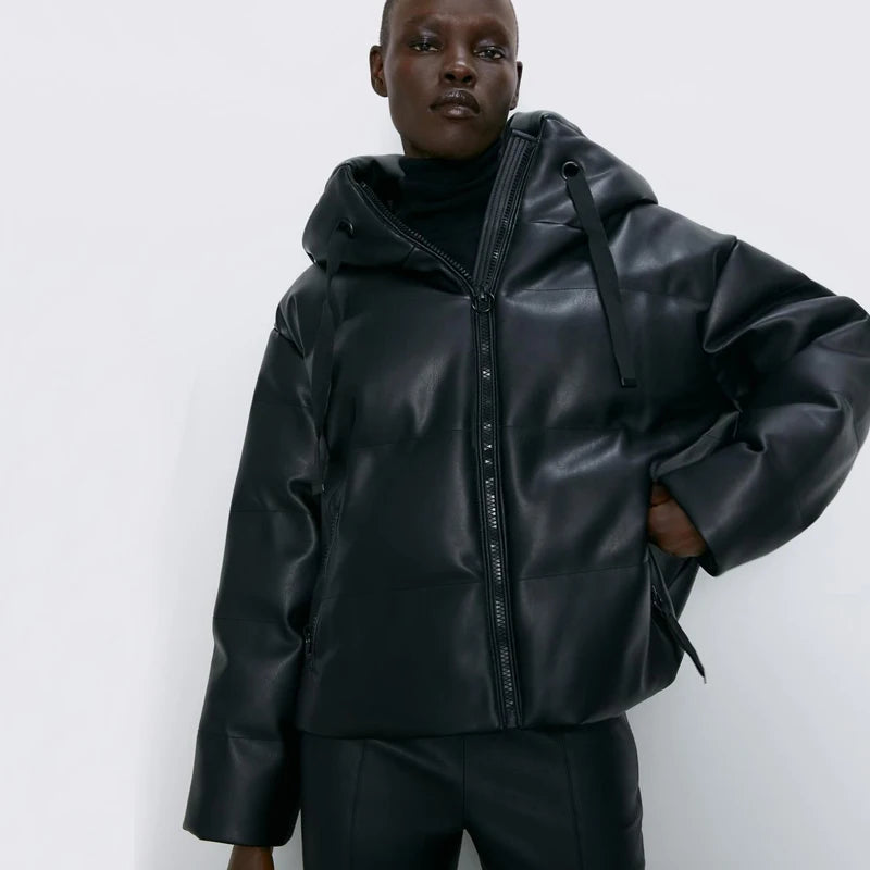 Fandy Lokar Hooded Faux Leather Parkas Women Fashion PU Leather Coats Women Elegant Zipper Cotton Jackets Female Ladies IT