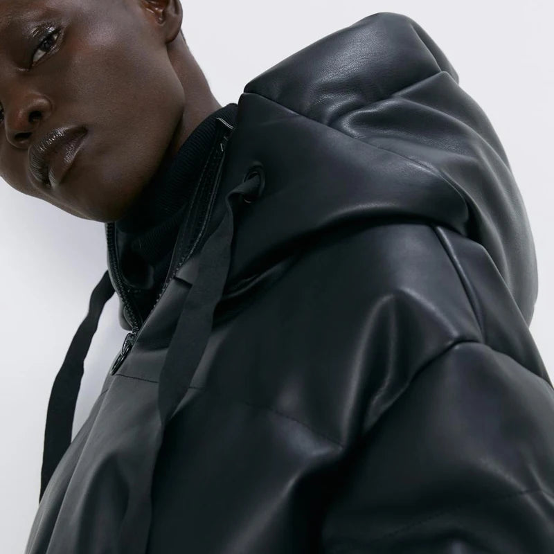Fandy Lokar Hooded Faux Leather Parkas Women Fashion PU Leather Coats Women Elegant Zipper Cotton Jackets Female Ladies IT