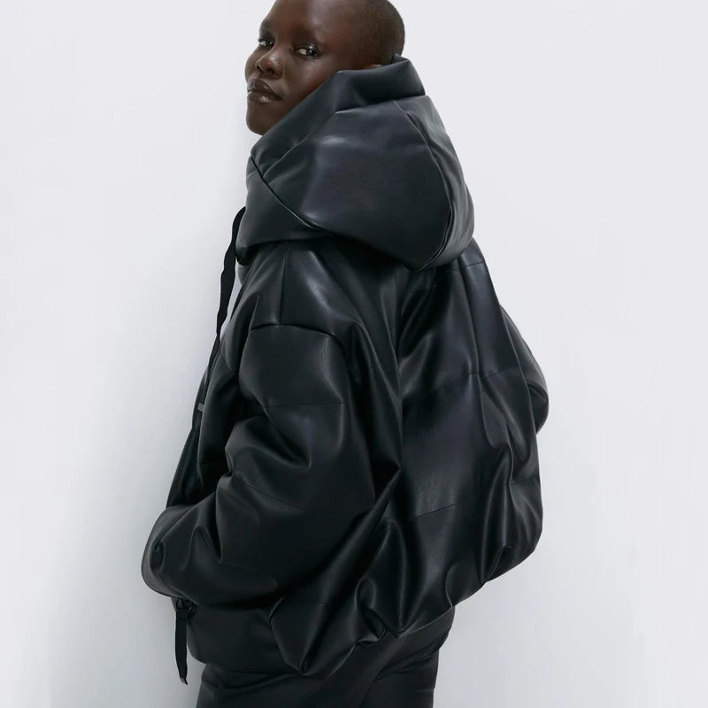 Fandy Lokar Hooded Faux Leather Parkas Women Fashion PU Leather Coats Women Elegant Zipper Cotton Jackets Female Ladies IT